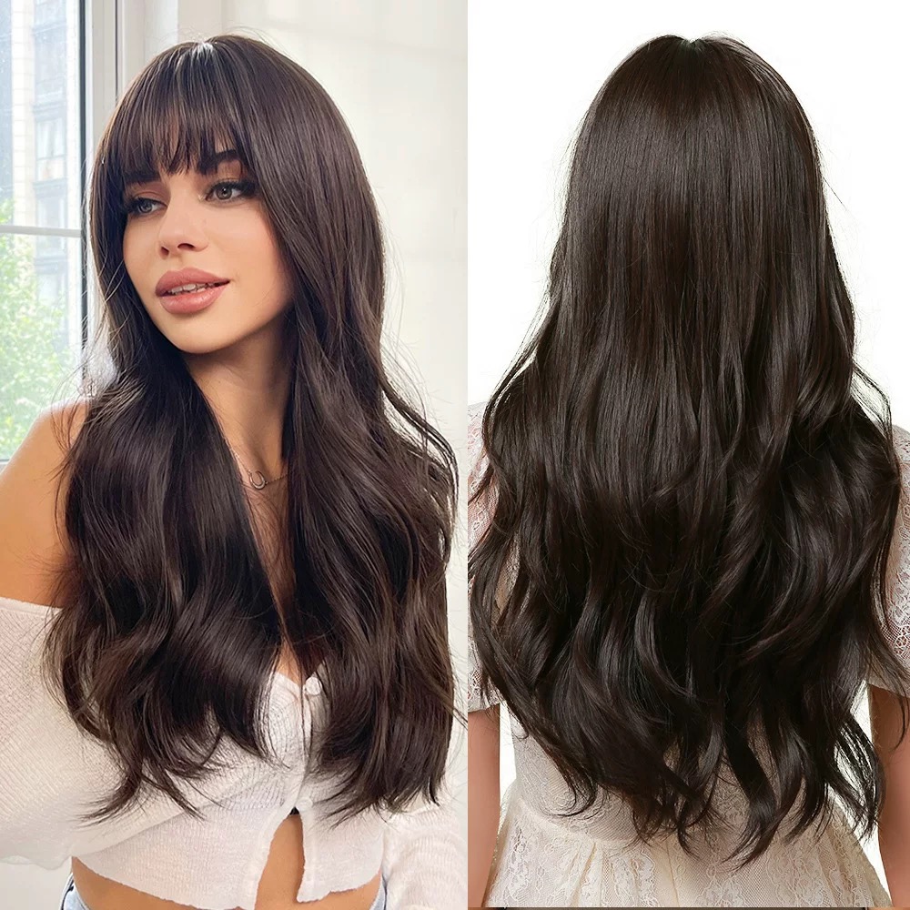 Women's long black straight hair with bangs