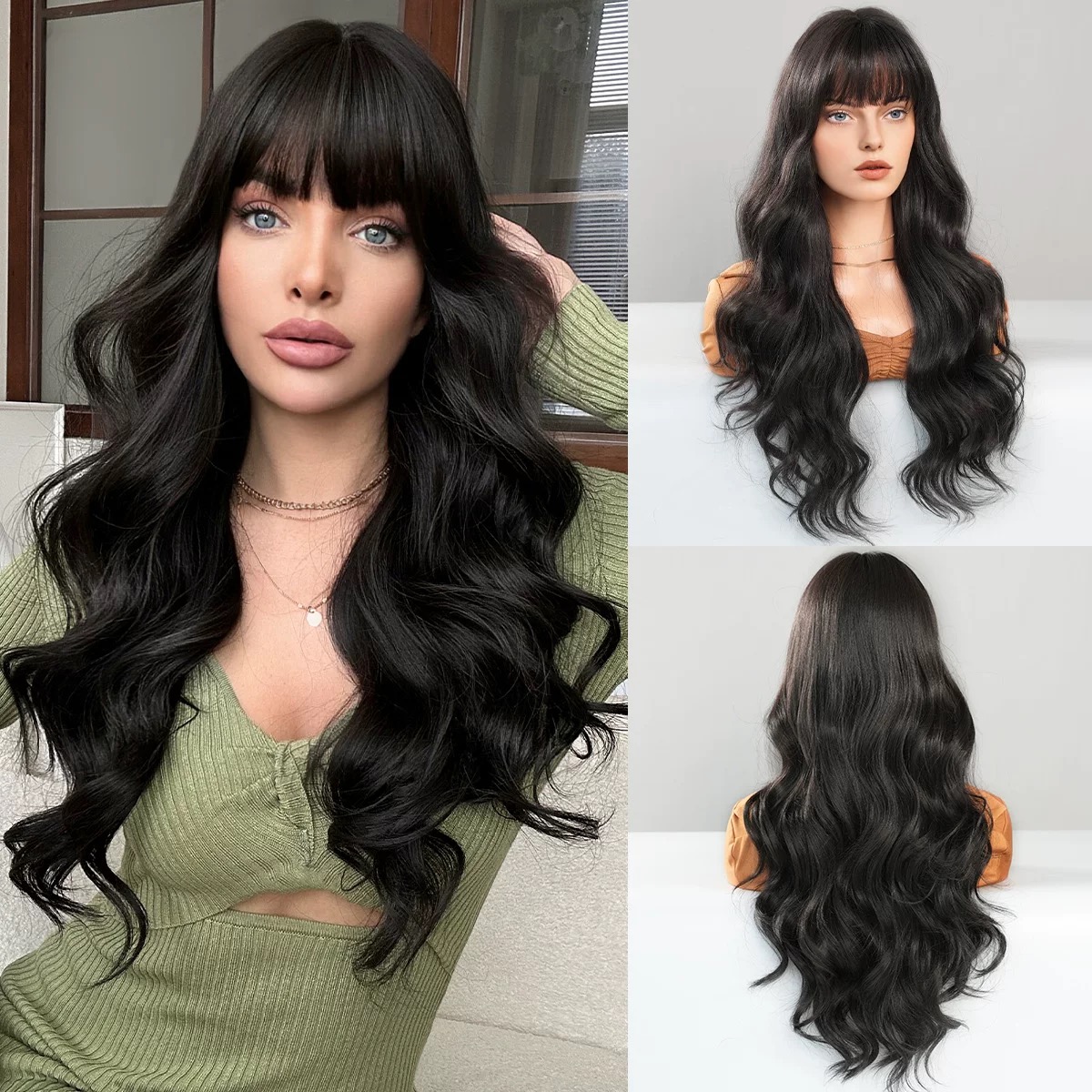 Women's black natural long curly wavy wig