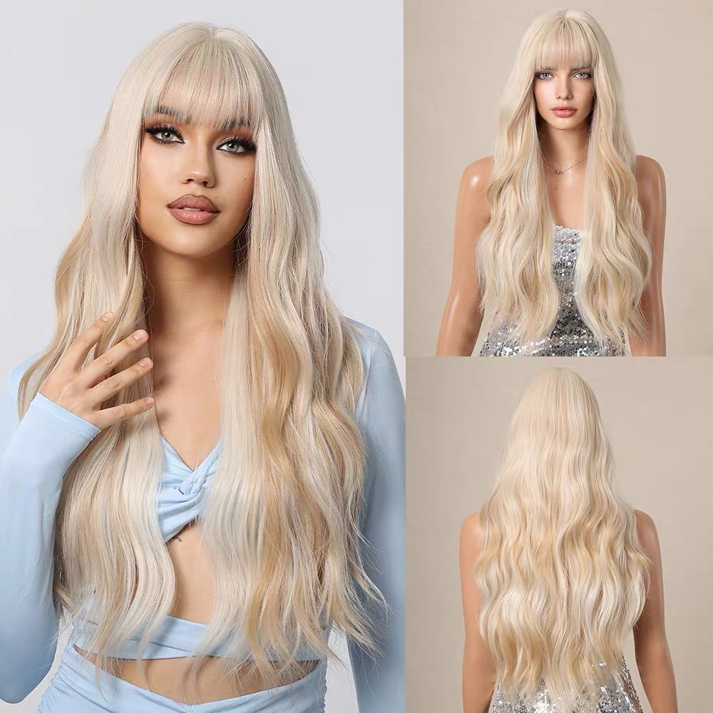 Women's center-parted gradient highlighted natural fluffy long straight wig