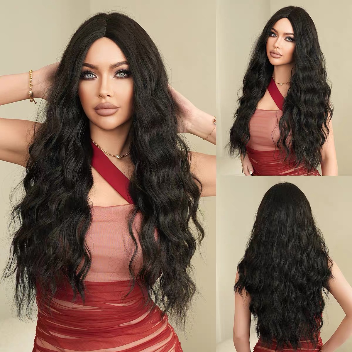 Women's burgundy natural shoulder-length full-head bangs