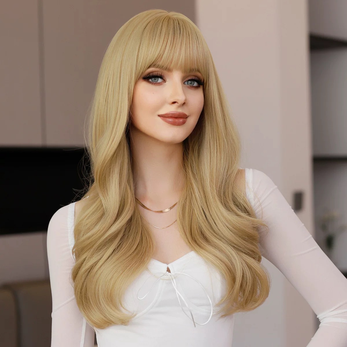 Women's long, wavy blonde wig with center parting