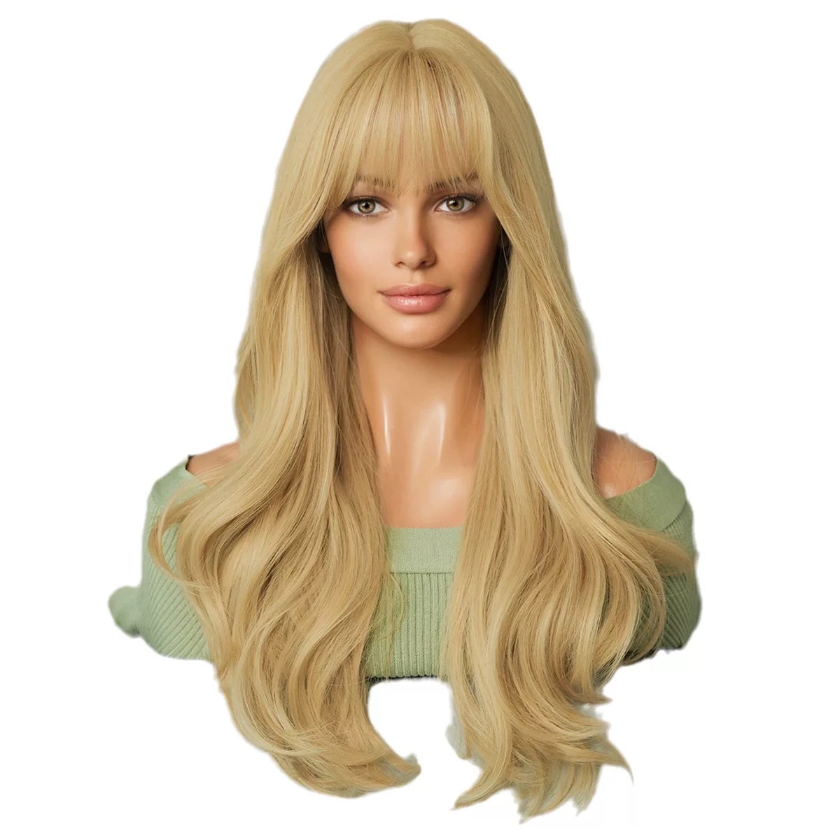Women's long, wavy blonde wig with center parting