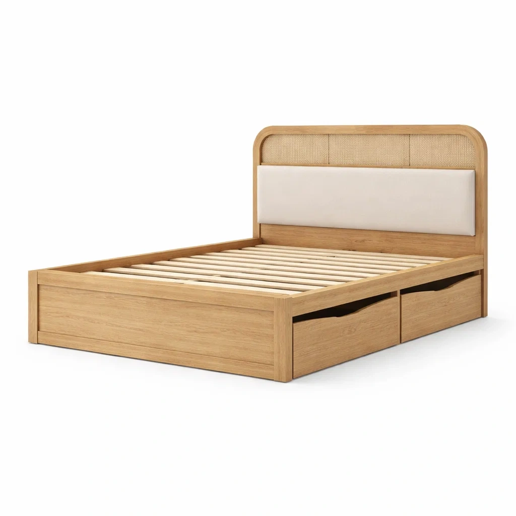 Lit coffre en Chêne avec Tête de Lit Rembourrée et Tiroirs-FRESHPLOTZ