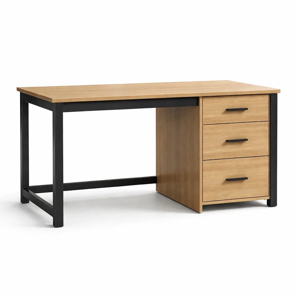 Bureau en Chêne avec Structure Métallique Noire et Trois Tiroirs-FreshBloss
