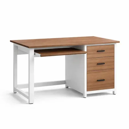 Bureau en Bois avec Structure Métallique et Tiroirs Chêne et Blanc-FreshBloss