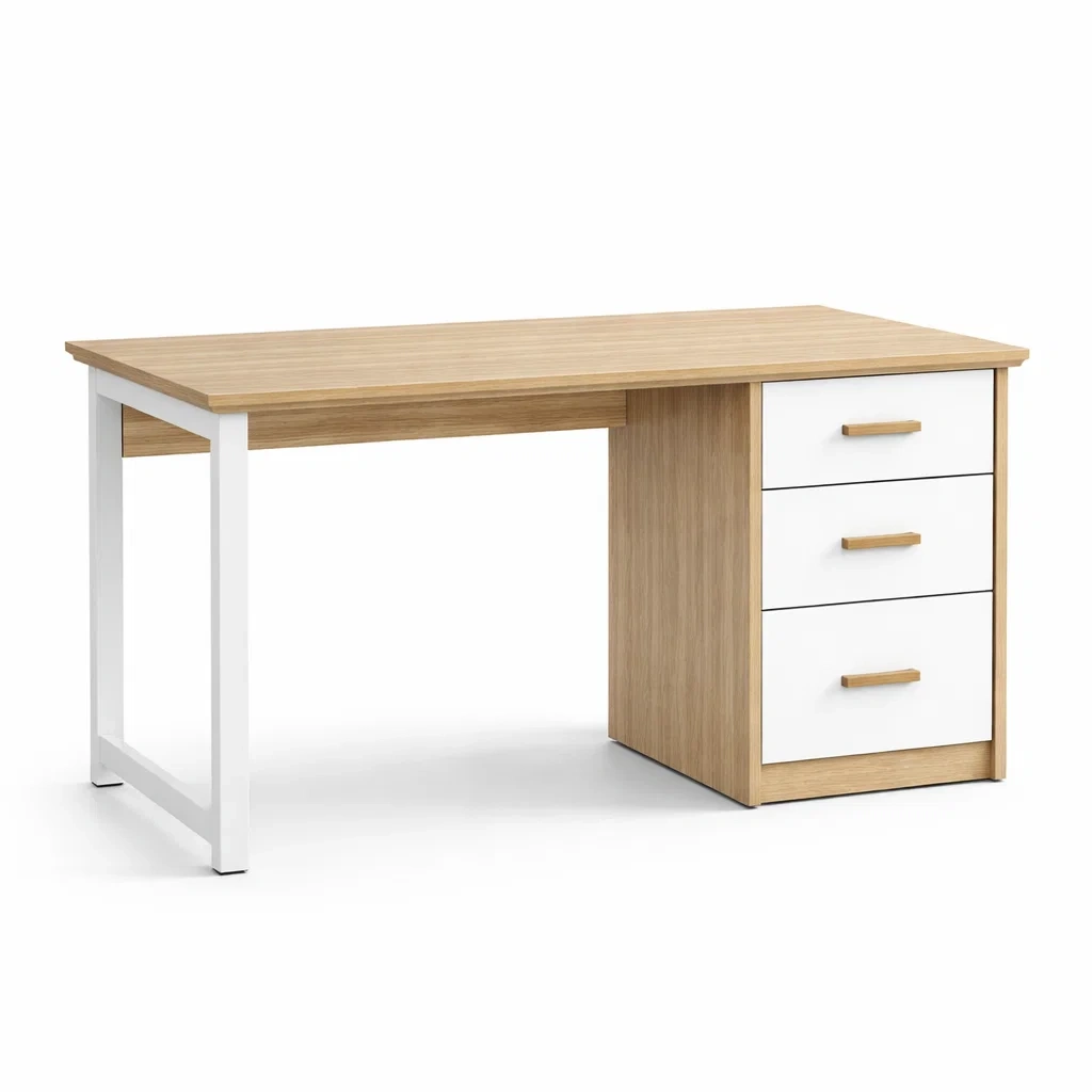 Bureau en MDF avec Trois Tiroirs en Chêne et Métal Blanc 120x60x75 cm-FreshBloss