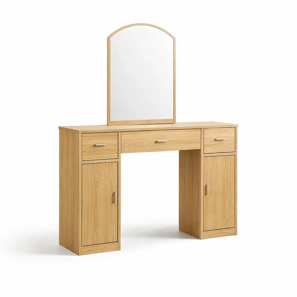 Coiffeuse en Chêne Clair avec Miroir 3 Tiroirs et 2 Armoires-FreshBloss