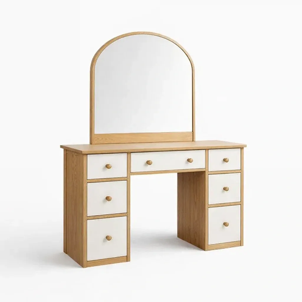 Coiffeuse en Bois Chêne Blanc avec Miroir Arqué et 7 Tiroirs-FreshBloss