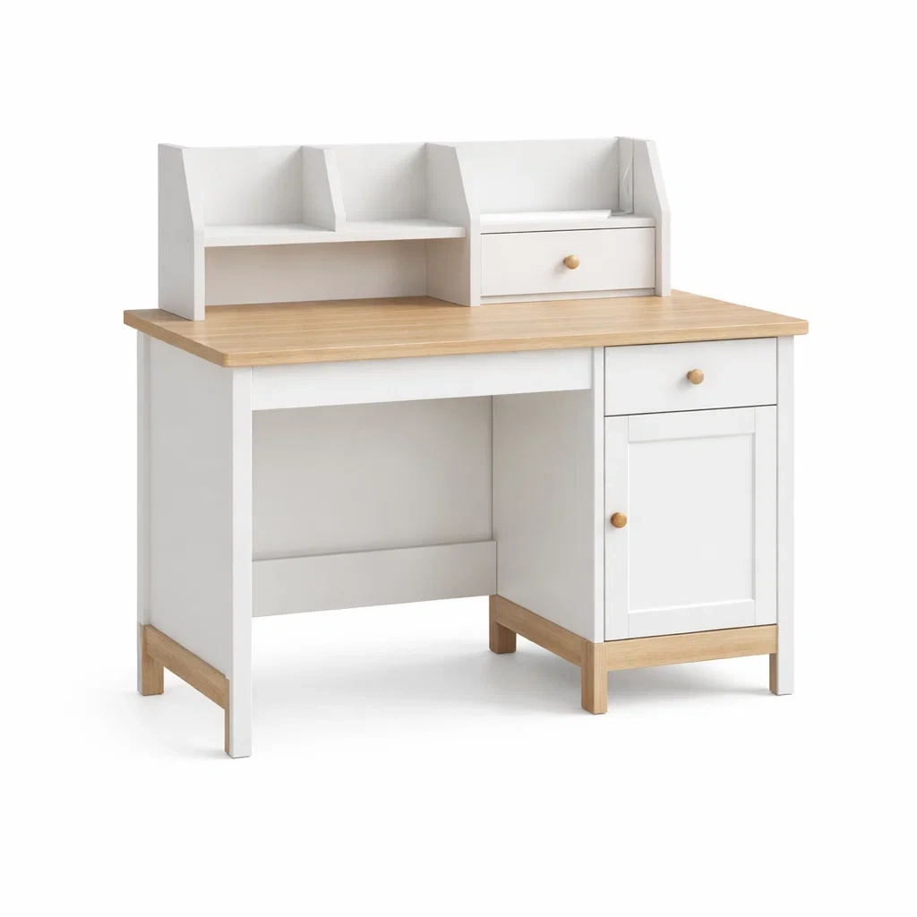 Bureau en Bois MDF Blanc et Chêne avec Étagères et Tiroirs-cozychairscraft