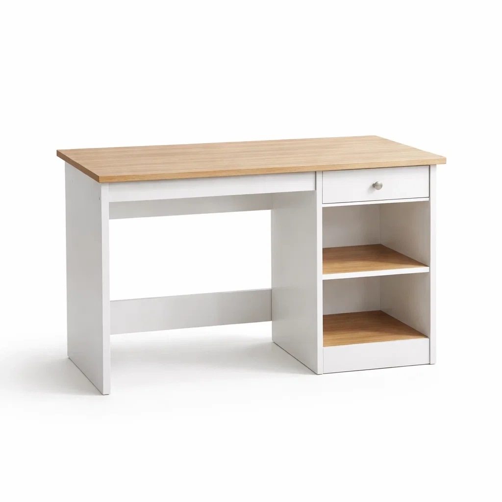 Bureau en Bois Blanc et Chêne avec Étagères et Tiroir 120x50x75 cm-cozychairscraft