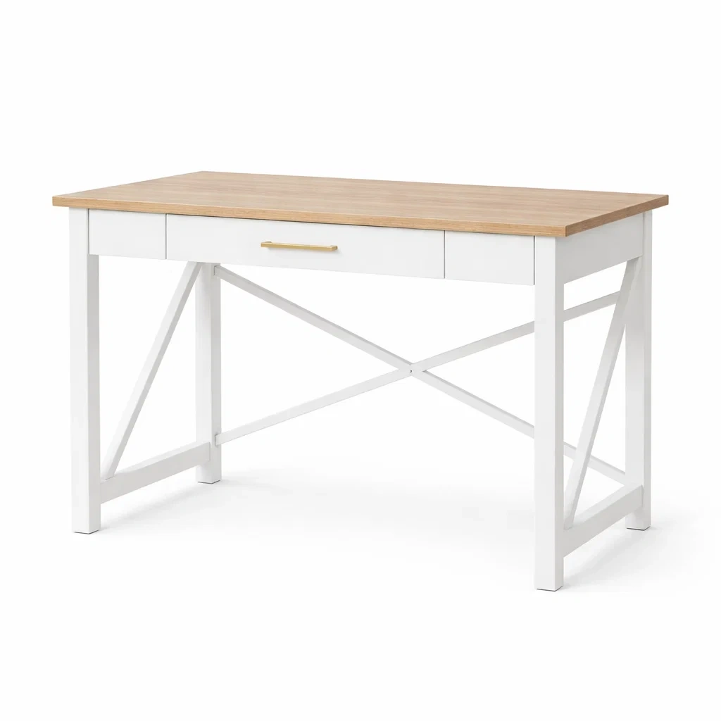 Bureau en Bois et Métal avec Tiroir Blanc et Chêne-cozychairscraft