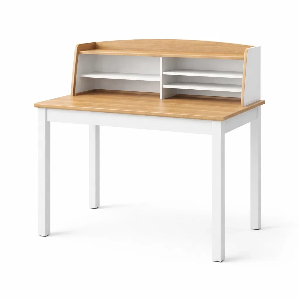 Bureau en Bois et MDF Blanc et Chêne avec Étagères-cozychairscraft