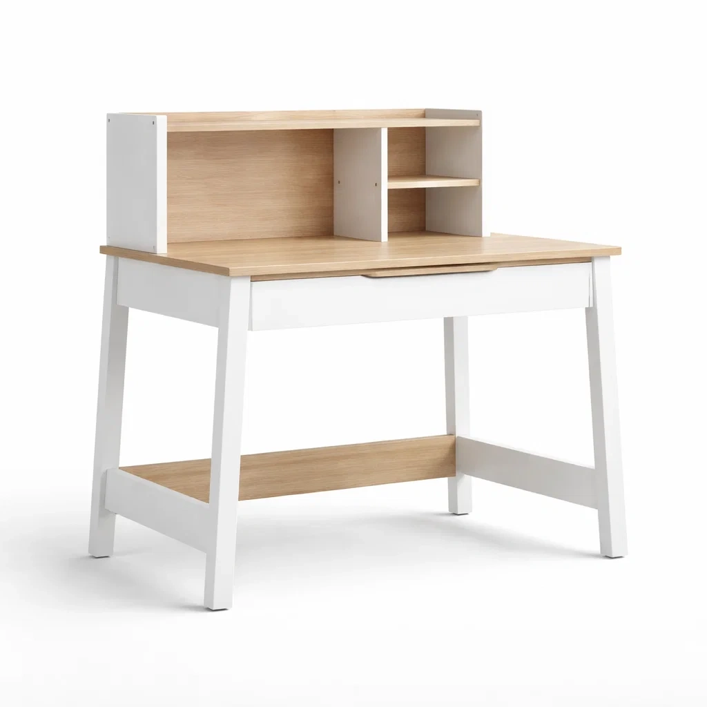 Bureau en Bois Blanc et Chêne avec Étagères 120x60x150 cm-cozychairscraft