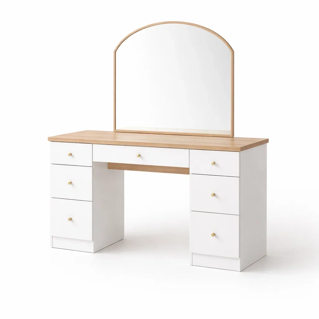 Coiffeuse Blanche et Bois avec Miroir et 7 Tiroirs-cozychairscraft