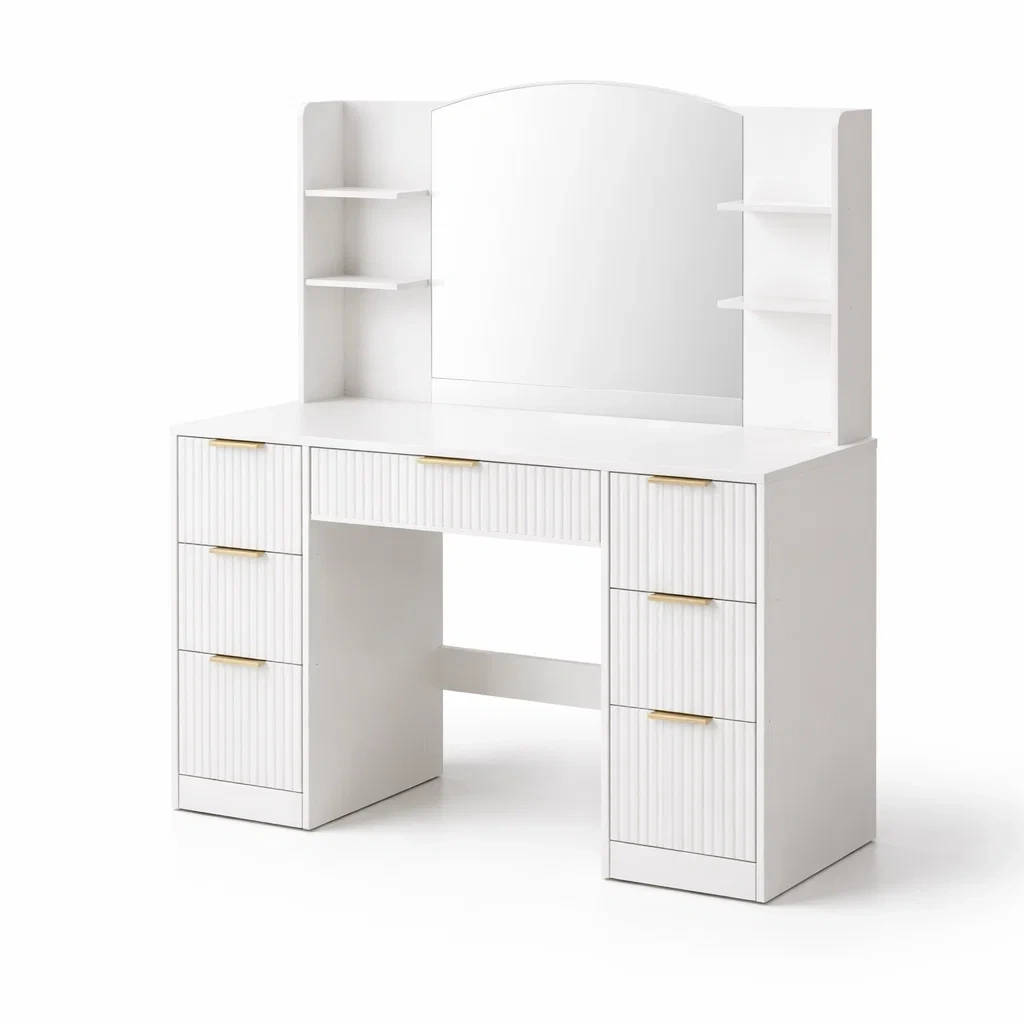 Coiffeuse Blanche en Bois avec Miroir et Étagères-cozychairscraft