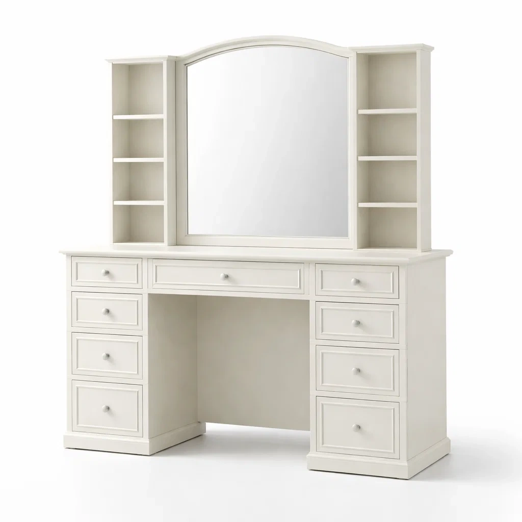 Coiffeuse en Bois MDF Blanc avec Miroir Arqué 9 Tiroirs et 6 Étagères-cozychairscraft