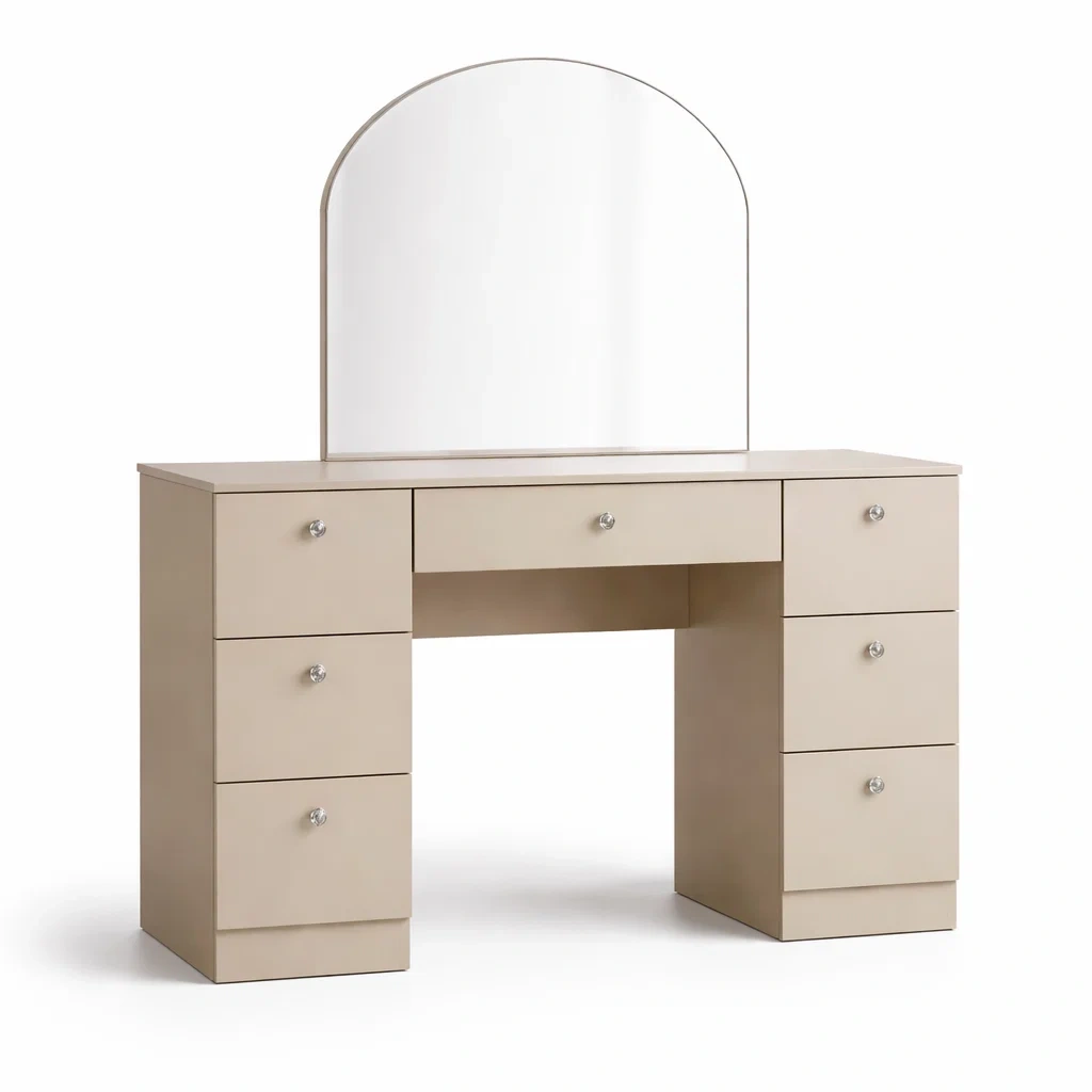 Coiffeuse en Bois Composite Beige avec Miroir Arqué et 7 Tiroirs 130x48x140 cm-cozychairscraft