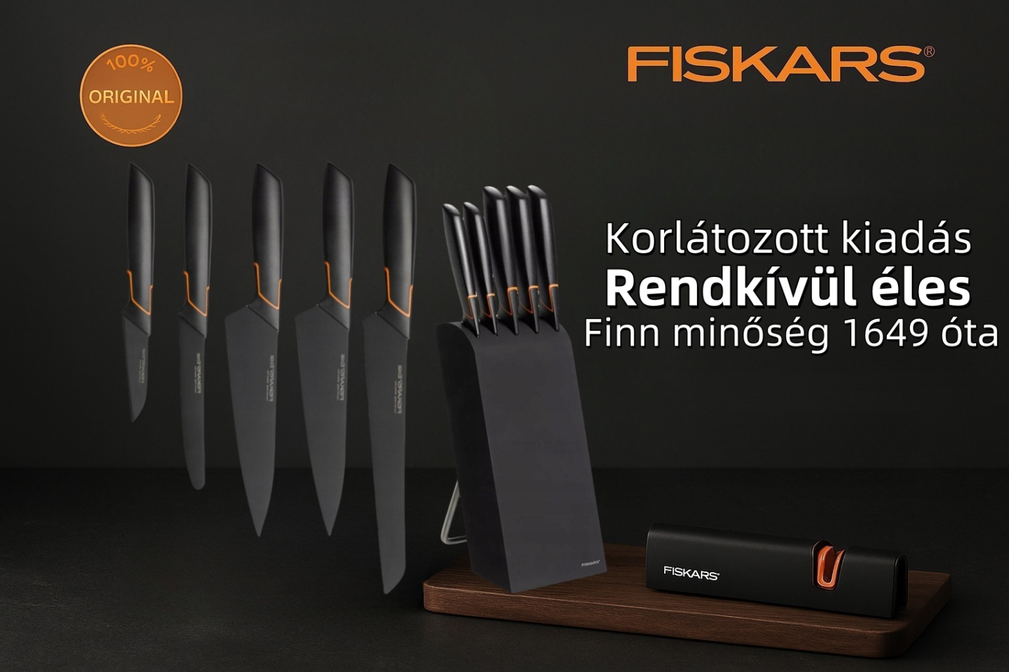 Limitált kiadás: FISKARS® 5 DB-OS KÉSKÉSZLET FISKARS EDGE BLOKKBAN, ÉLES KONYHAKÉS + ÉLEZŐ SZETT