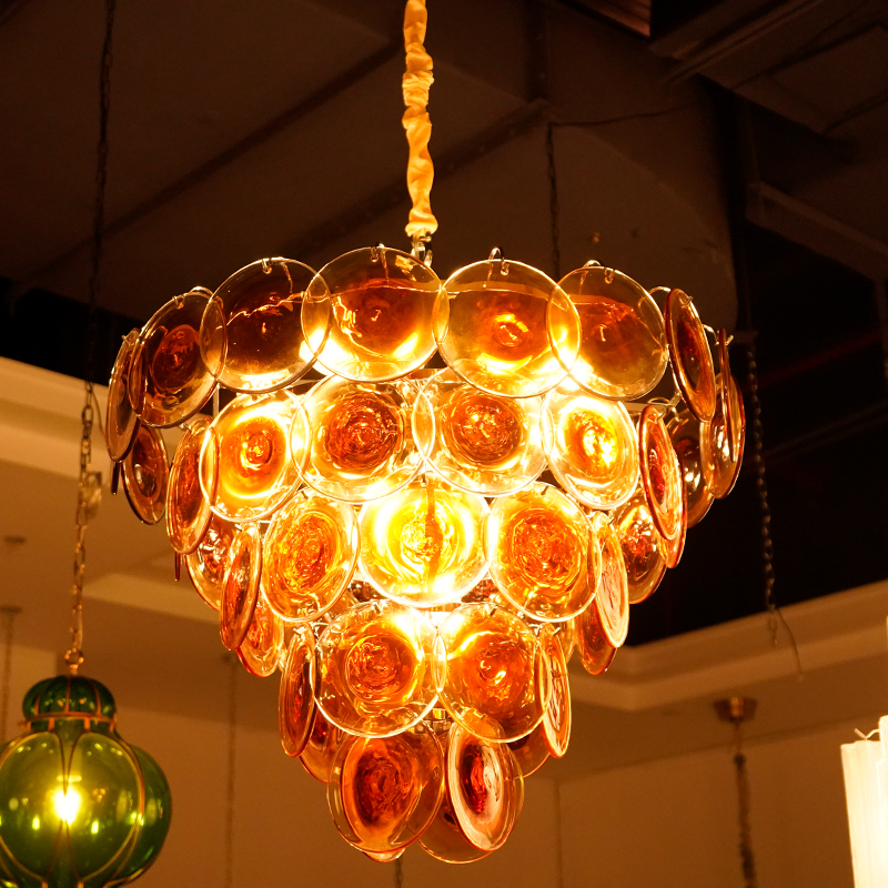 Amber glass disc chandelier