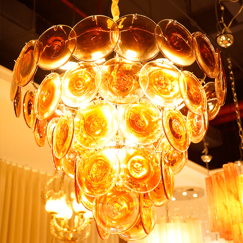 Amber glass disc chandelier
