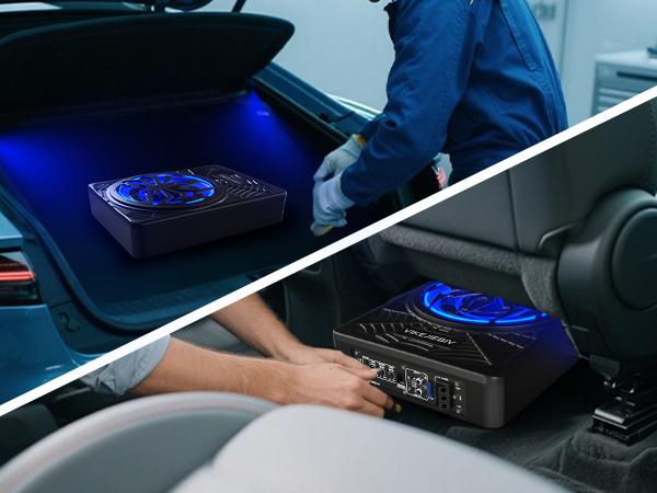 10" 1200W Ultra-thin Subwoofer with Blue Ambient Light Car Subwoofer and Built-in Amplifier, Enhanced Bass Independent Control, Powered Subwoofer Cast Aluminum Material, Suitable for Truck/SUV/Jeep