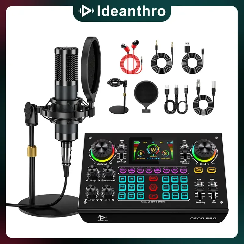 Kit de tarjeta de sonido Ideanthro C200 PRO-P15 | Procesador digital de señal (DSP) de doble núcleo | Mezclador de audio con conectividad para micrófono y auriculares | Cambiador de tono y voz ajustable | Equipo de streaming para PC y dispositivos móviles