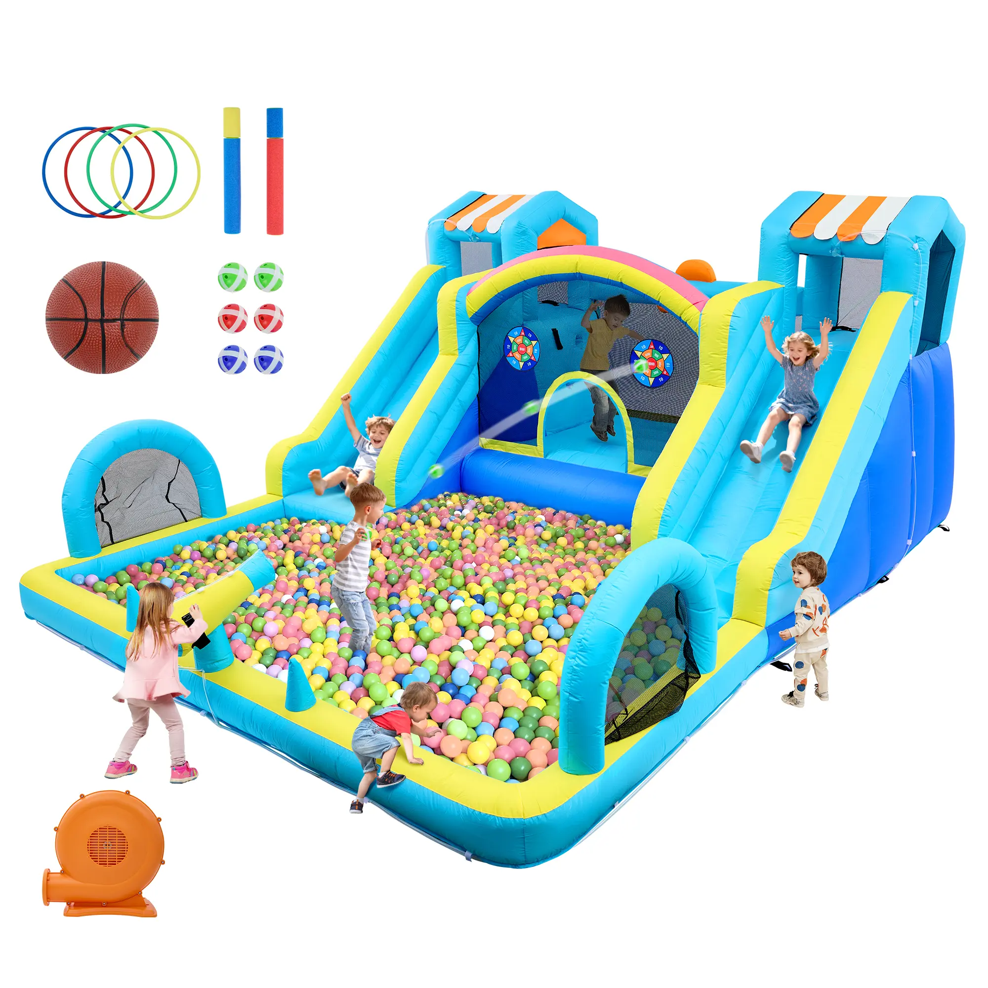 Tobogán acuático inflable con zona de saltos para niños: parque acuático y castillo hinchable de 15 x 12 pies para el jardín, con doble tobogán, piscina de chapoteo, canasta de baloncesto y soplador de alta resistencia; juguete de verano para exteriores.