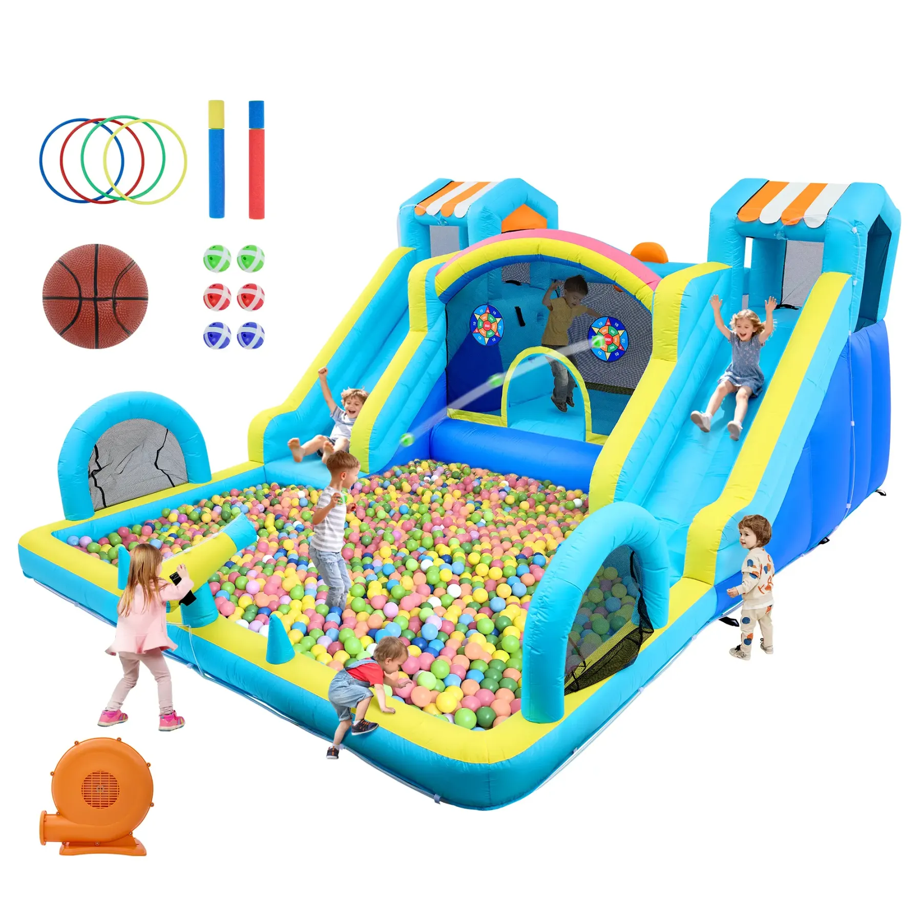 Tobogán acuático inflable con zona de saltos para niños: parque acuático y castillo hinchable de 15 x 12 pies para el jardín, con doble tobogán, piscina de chapoteo, canasta de baloncesto y soplador de alta resistencia; juguete de verano para exteriores.