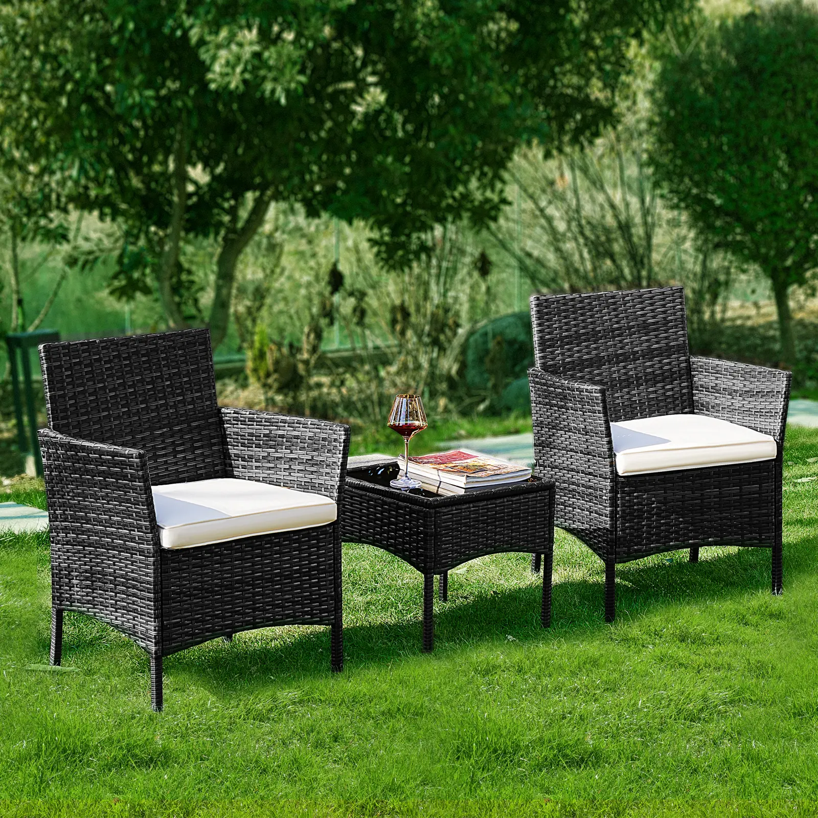 【Ofertas para ti】 Juego de muebles de patio de 3 o 4 piezas, muebles de exterior de ratán sintético (PE) con mesa de centro y cojines lavables; conjunto compacto tipo bistró ideal para balcones, jardines y zonas de piscina.
