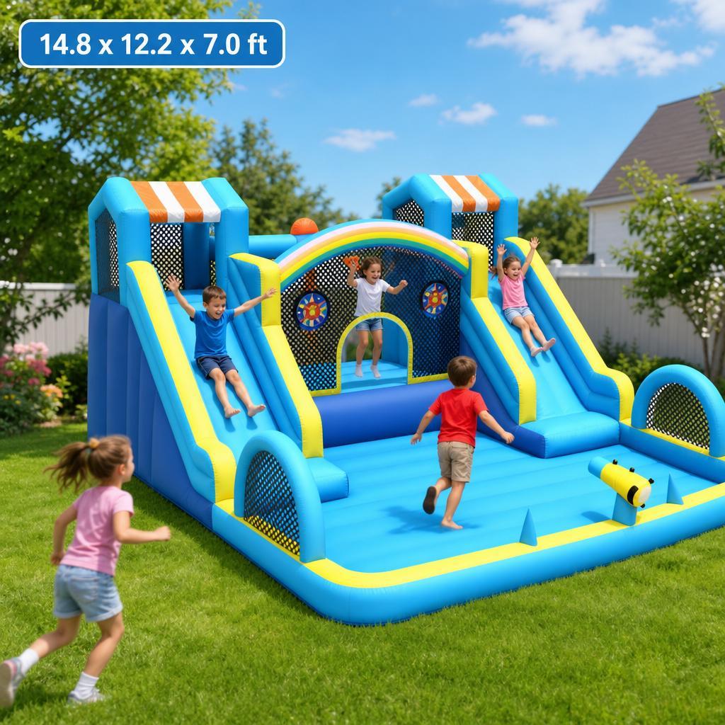 Inflatable Water Slide Bounce House for Kids, 15x12ft Backyard Water Park Bouncy Castle with Double Slides, Splash Pool, Basketball Hoop & Heavy Duty Blower, Outdoor Summer Toy