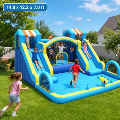 Tobogán acuático inflable con zona de saltos para niños: parque acuático y castillo hinchable de 15 x 12 pies para el jardín, con doble tobogán, piscina de chapoteo, canasta de baloncesto y soplador de alta resistencia; juguete de verano para exteriores.