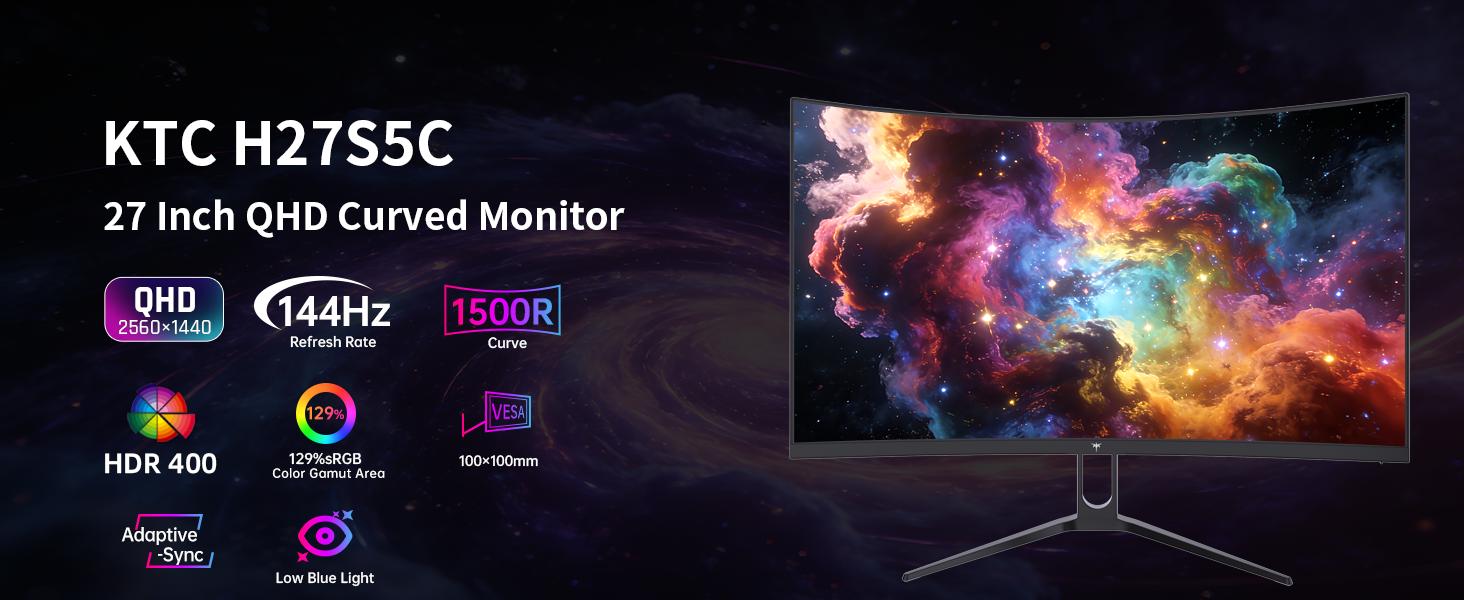 Ktc 27" 2560x1440 Curved VA Gaming Monitor for Gaming Stuff, 1500R 144Hz/120Hz Refresh Rate, HDR400 400nits, Adaptive Sync, 2x HDMI 2.0, DP 1.4, VESA 100x100 PC Monitor, Model H27S5C