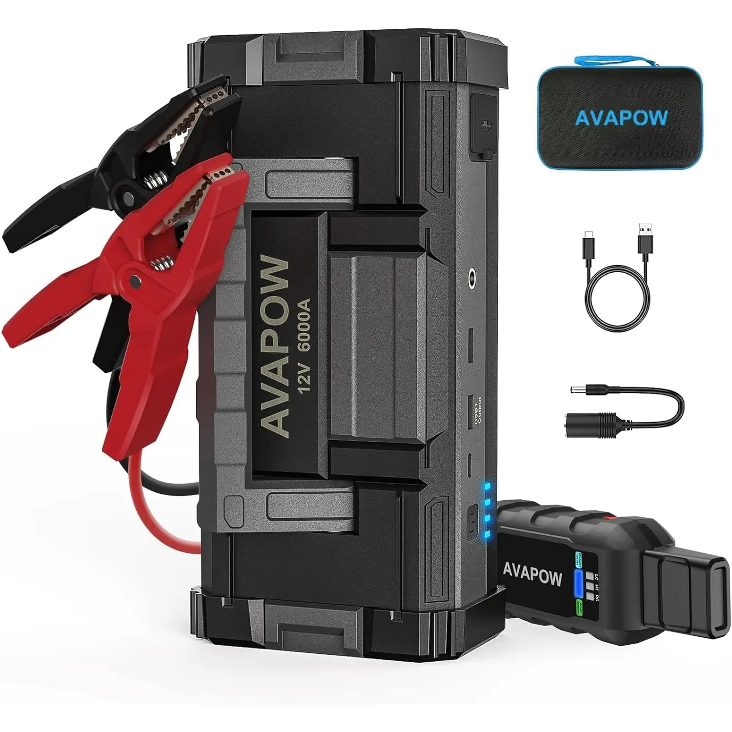 Arrancador de coche AVAPOW 6000A (para todos los vehículos de gasolina/hasta 12 L de diésel), batería externa, carga rápida USB dual, CA/CC, arrancador de 12 V con luz LED brillante integrada.
