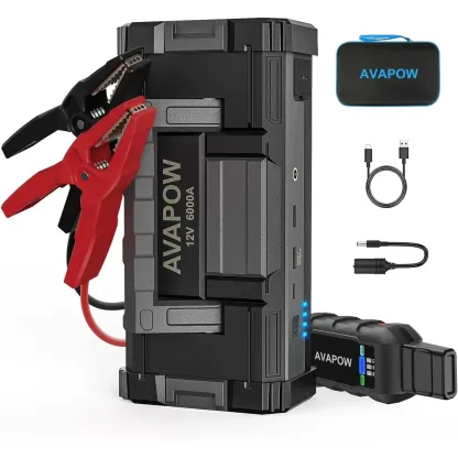 Arrancador de coche AVAPOW 6000A (para todos los vehículos de gasolina/hasta 12 L de diésel), batería externa, carga rápida USB dual, CA/CC, arrancador de 12 V con luz LED brillante integrada.