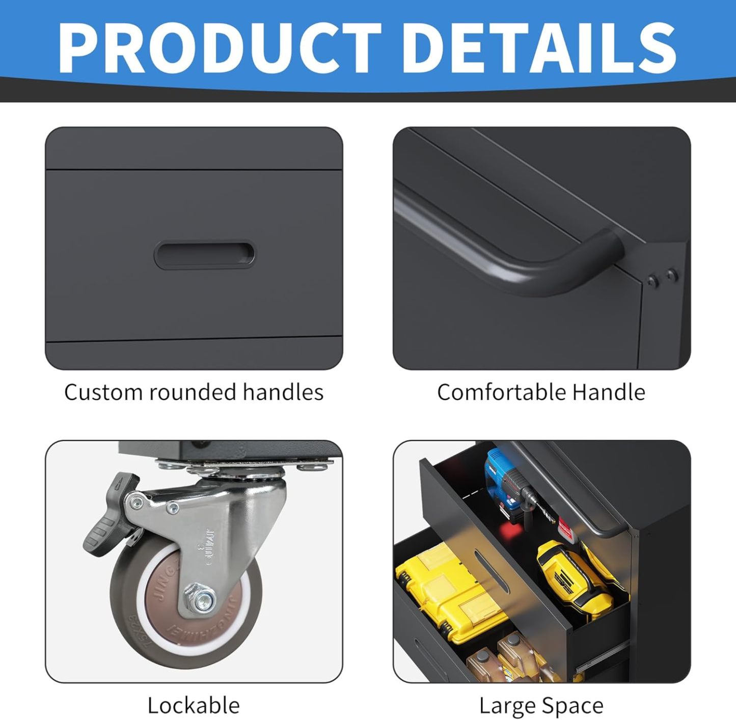 BIZOEIRON - clóset de almacenamiento de metal con ruedas, clóset de cochera con 1 puerta y 4 cajones, almacenamiento de herramientas rodantes, requiere montaje, color negro