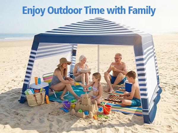 Beach Cabana, 8 * 8FT Beach Tent UPF50+ Protection, Easy Setup Beach Canopy Wind Resistant ,Compact Beach Shade Foldable Beach Tent Sun Shelter, Blue White，For Vacations,Summer Outdoor Beach Camping, Family&Friends