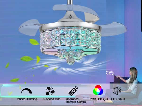 Zynfandor 30" RGB Crystal Retractable Ceiling Fan with Light Dimmable LED Chandelier, Remote & App Control, 6-Speed Timer, Memory Function for Bedroom Living Room,Silver Zynfandor 30" RGB Crystal Retractable Ceiling Fan with Light Dimmable LED Chandelier, Remote & App Control, 6-Speed Timer, Memory Function for Bedroom Living Room,Silver