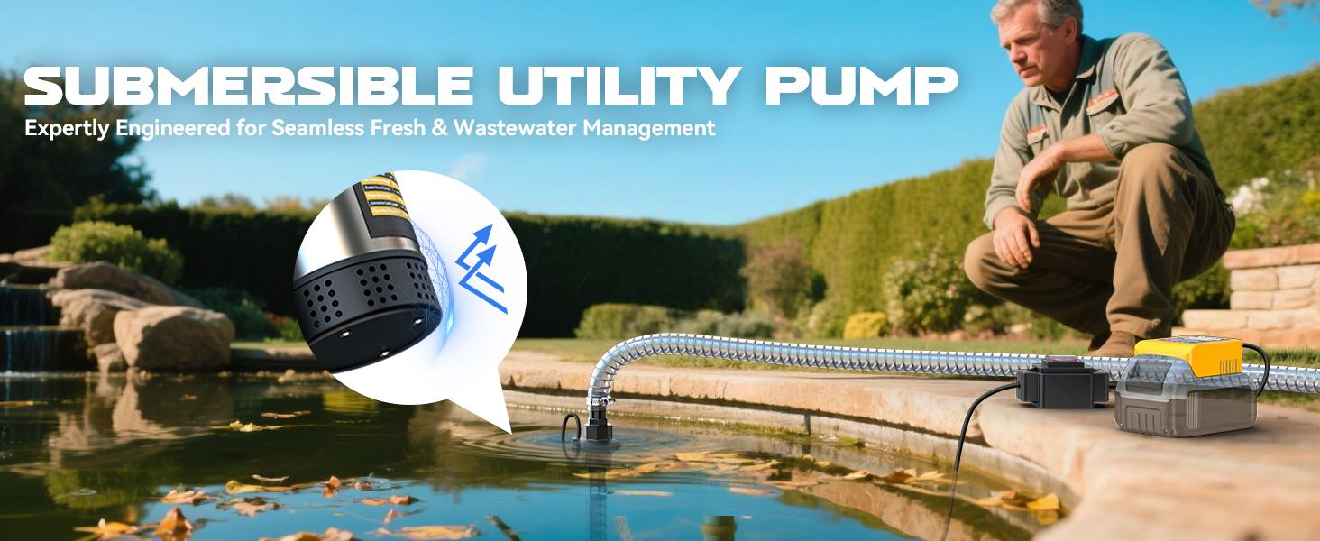 Cordless Submersible Water Pump Compatible with DeWalt 20V Battery(NO BATTERY!!), 1268GPH High Flow Sump Pump with 6.5ft Hose, for Swimming Pool Garden Draining fathers day gift