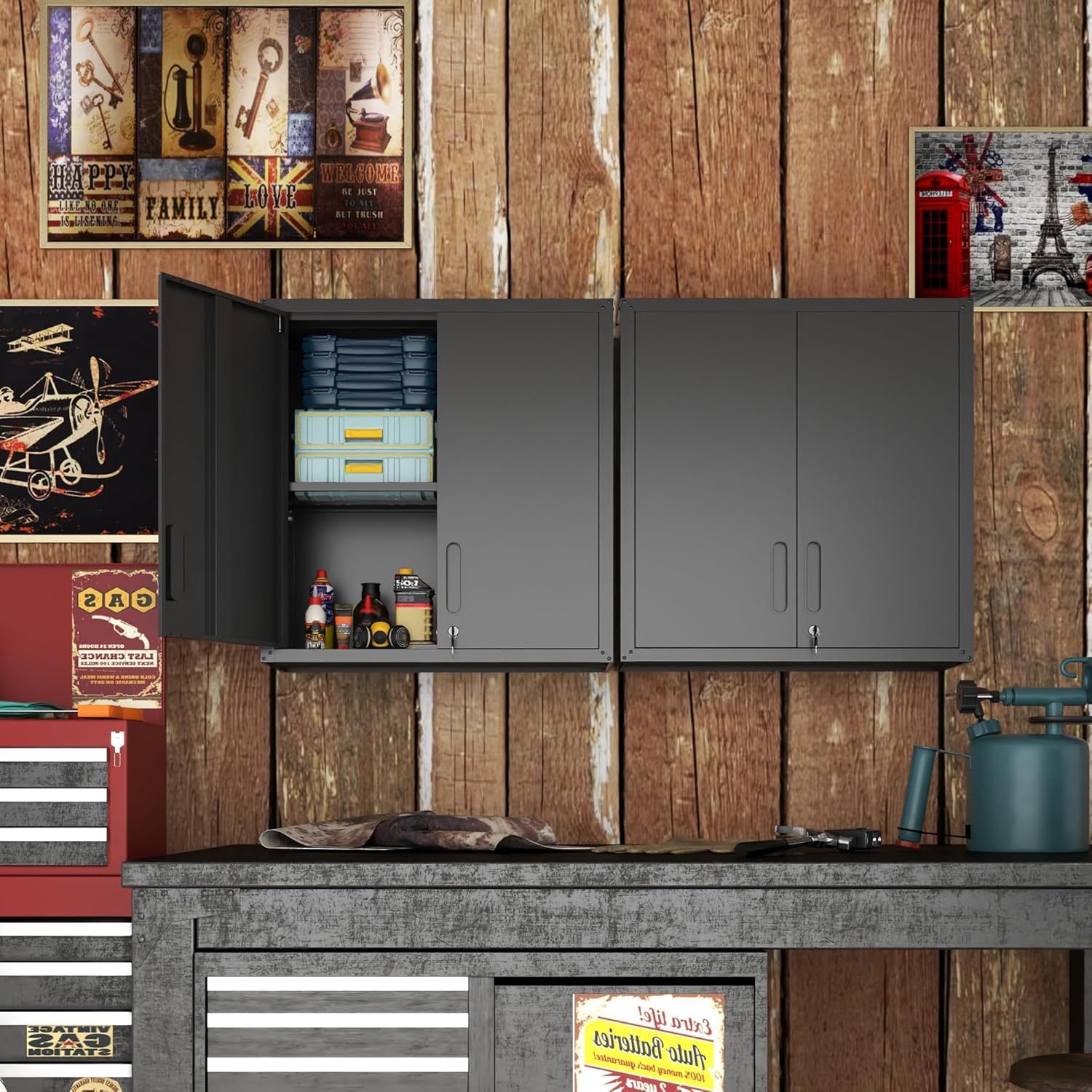 BIZOEIRON - clóset de almacenamiento de metal con ruedas, clóset de cochera con 1 puerta y 4 cajones, almacenamiento de herramientas rodantes, requiere montaje, color negro