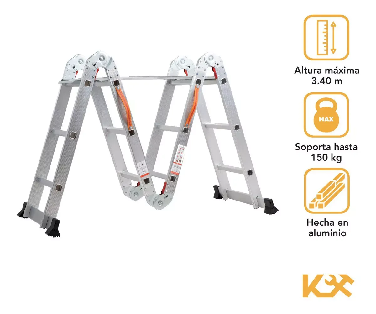 Escalera De Aluminio Multiposiciones Plegable KMEM35 Kingsman De 3.5 Metros Con 12 Peldaños Y Charolas Tipo Tijera Andamio Para 150 kg