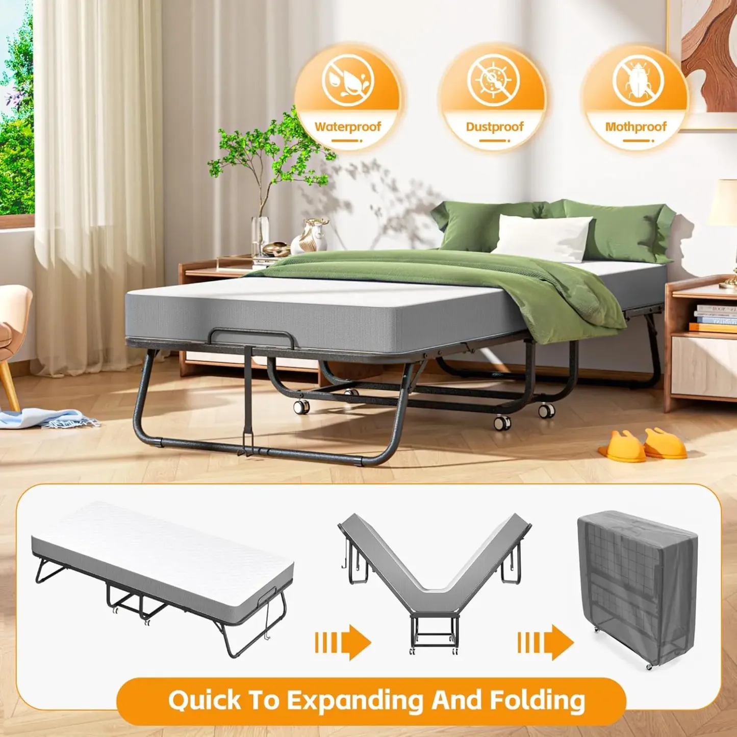 Cama plegable INTERGREAT con colchón, cama con ruedas