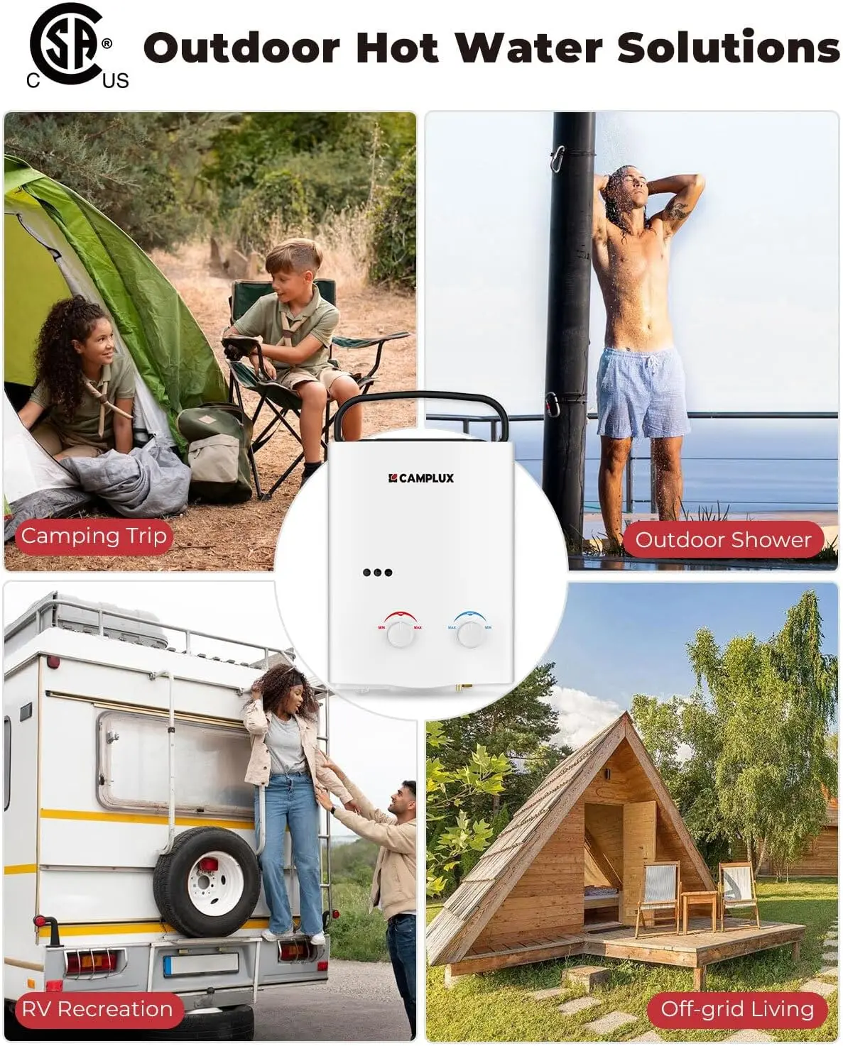 CAMPLUX Multifunction Compact Handheld Portable Tankless Water Heater - 1.32GPM On-Demand Hot Water, Low Pressure Start for Camping Shower, Outdoor RV Use