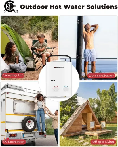 CAMPLUX Multifunction Compact Handheld Portable Tankless Water Heater - 1.32GPM On-Demand Hot Water, Low Pressure Start for Camping Shower, Outdoor RV Use
