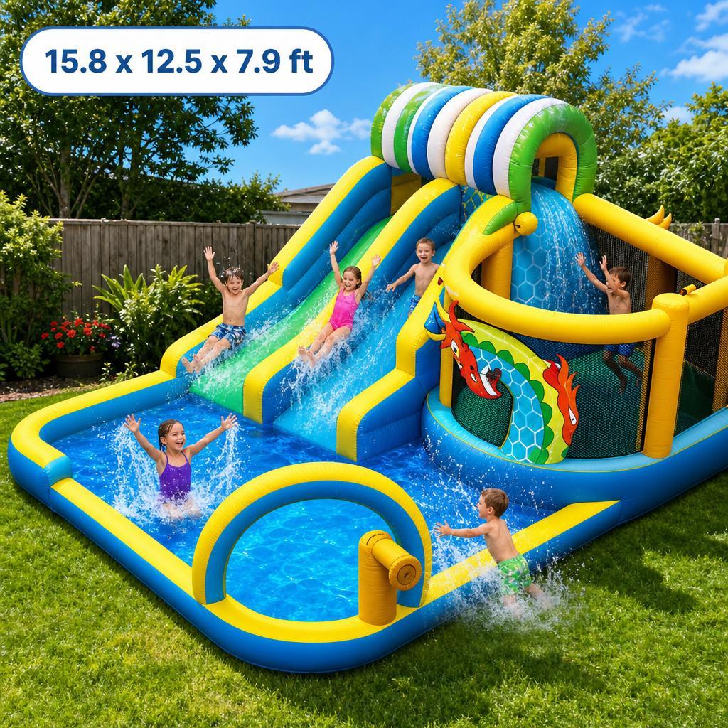 Inflatable Water Slide Bounce House for Kids, 15x12ft Backyard Water Park Bouncy Castle with Double Slides, Splash Pool, Basketball Hoop & Heavy Duty Blower, Outdoor Summer Toy