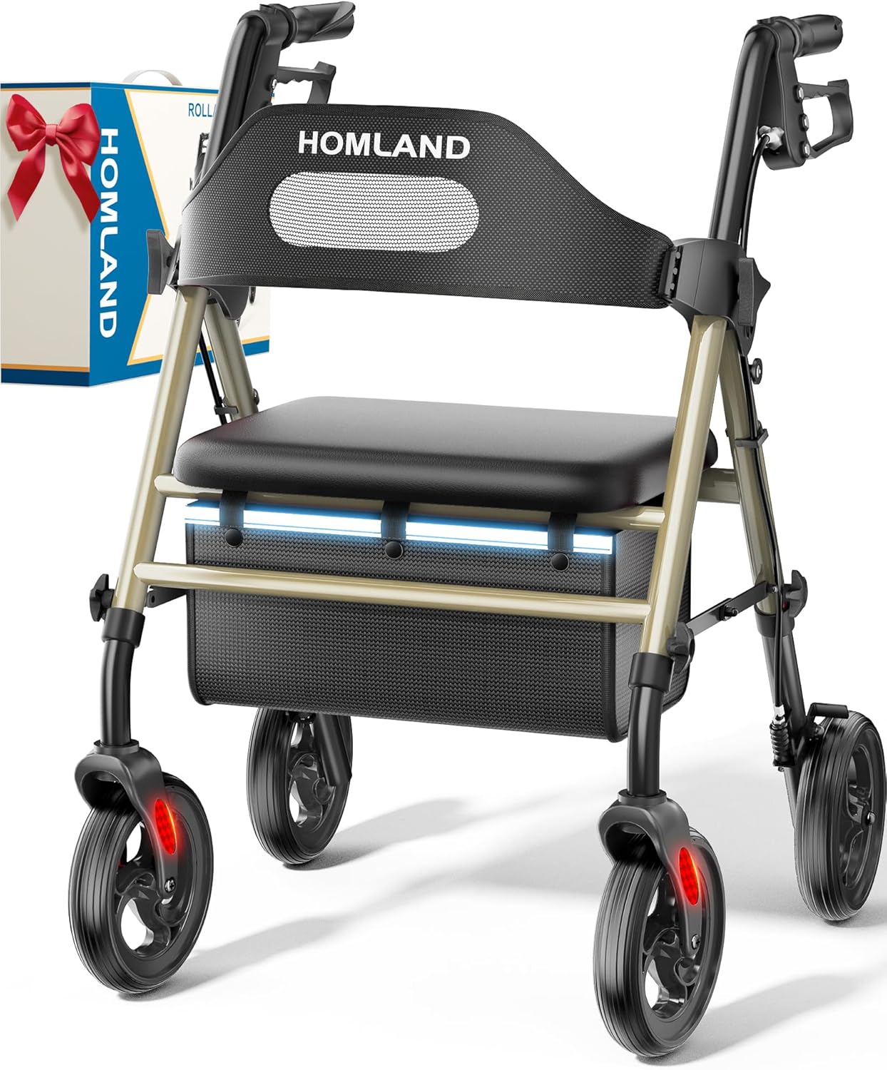 HOMLAND - Caminadores plegables con asiento para personas mayores, ruedas grandes de 8 pulgadas, 350 libras. Capacidad de peso, asas ajustables y altura del asiento, ligero caminante, color azul