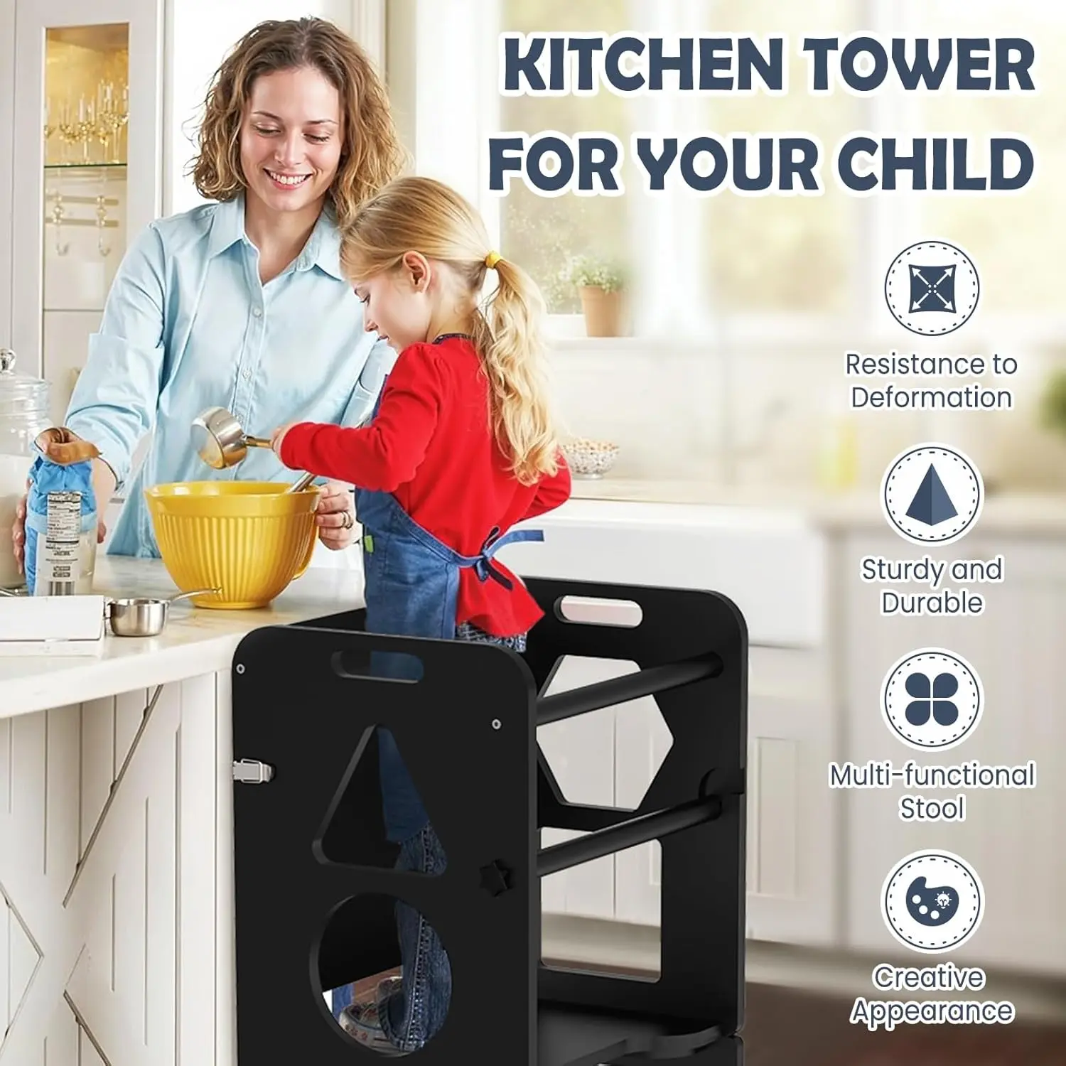 Torre de aprendizaje plegable WOODURE 4 en 1 (taburete de cocina) con pizarra para niños de 1 a 3 años