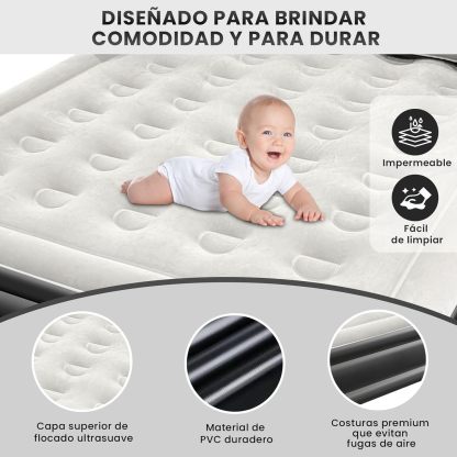 HEEDU Colchón de Aire Inflable con Cabecero, Bomba de Aire Eléctrica Inalámbrica, 2 Almohada Inflable, Inflado Rápido Automático, Cama Inflable Queen para Hogar, Viajes y Camping
