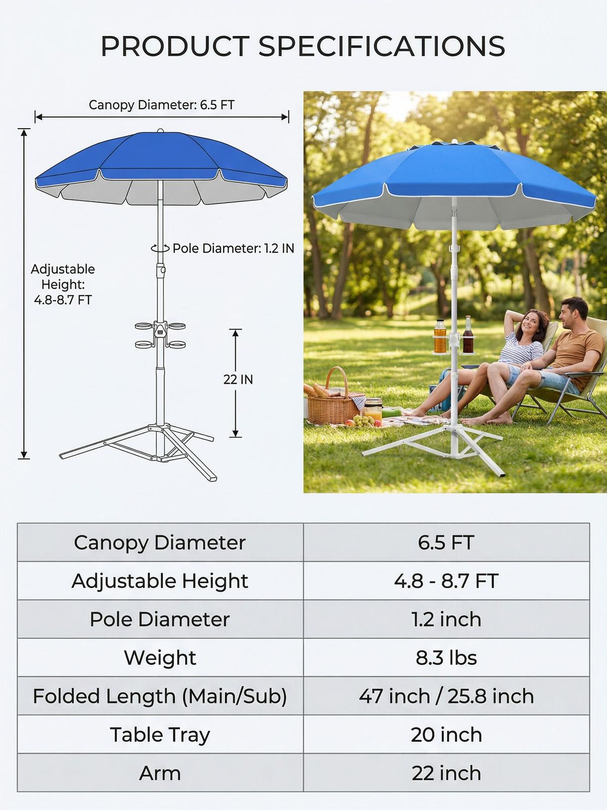Portable Umbrella with Base Stand, UPF 50+ Outdoor Sun Shade Umbrella with Carry Bag, Built-in Hook & Cup Holders, Adjustable Instant Sun Protection for Game, Sports, Backyard, Patio, Camping, Beach, Fishing, Royal Blue, #Summervibes, #SummerFinds