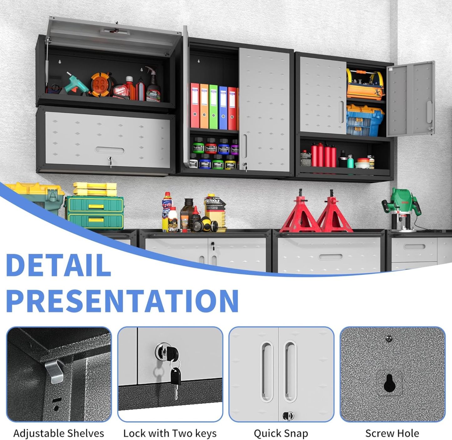 BIZOEIRON - clóset de almacenamiento de metal con ruedas, clóset de cochera con 1 puerta y 4 cajones, almacenamiento de herramientas rodantes, requiere montaje, color negro