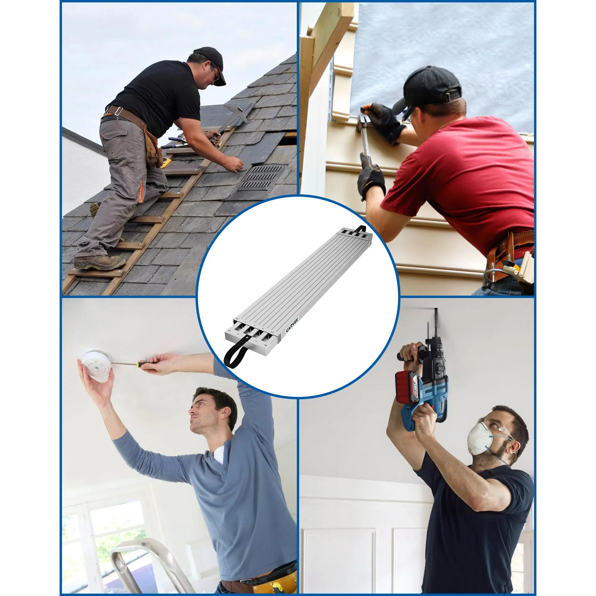 Plataforma de andamio telescópica de 6 a 9 pies, plataforma de trabajo ajustable de aluminio con superficie antideslizante y correas de seguridad, plataforma de escalera resistente para proyectos de construcción y del hogar.